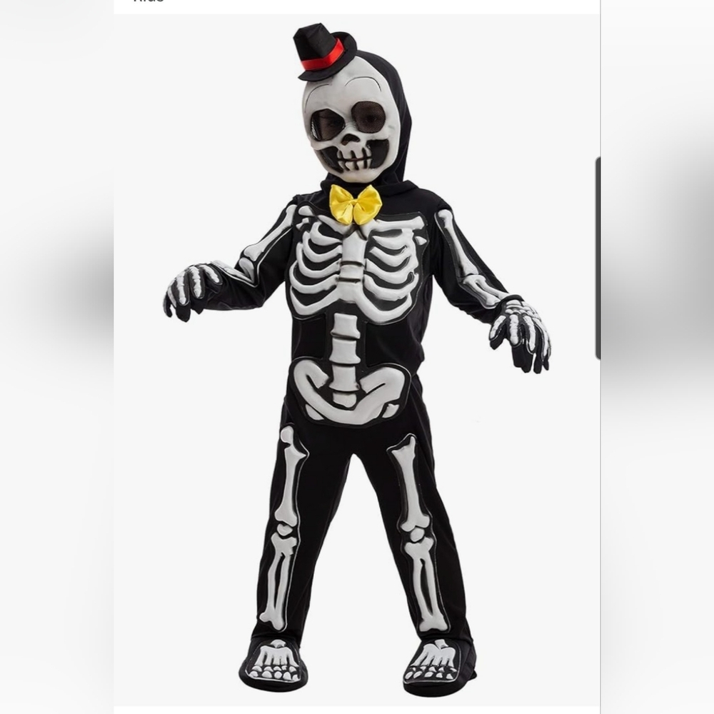 Spooky Glow In The Dark Skeleton Kids Costume with Yellow Bow Tie Size Small